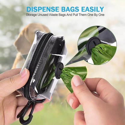 Clear Metal Dog Waste Bag Dispenser &amp; Holder - Portable, 1 Hand Free, Fits Leash Accessory, Set Includes Dog Poop Bags