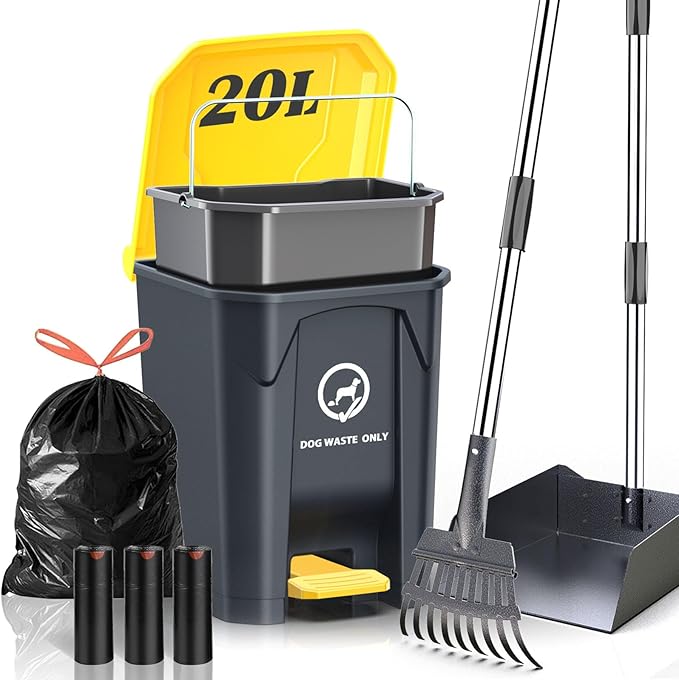 Outdoor Dog Poop Trash Can with Pooper Scooper &amp; 60 Free Poop Bags -15 L/4 Gallon Dog Waste Trash Can Pet Waste Disposal Station with Inner Bucket - Metal Dog Pooper Scooper Great for All Sized Dogs
