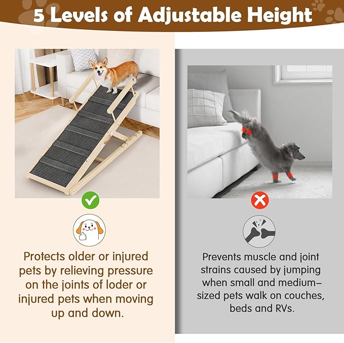 Dog Ramp for Couch, Bed or Car, Wooden 55" Long Pet Stairs for Small &amp; Large Old Dogs &amp; Cats, Hold up to 250lb, 6 Adjustable Height from 19.68" to 27.55" Portable Doggie Steps, Excellent Traction