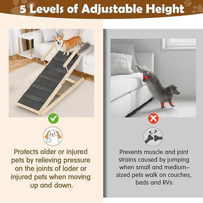 Dog Ramp for Couch, Bed or Car, Wooden 55" Long Pet Stairs for Small &amp; Large Old Dogs &amp; Cats, Hold up to 250lb, 6 Adjustable Height from 19.68" to 27.55" Portable Doggie Steps, Excellent Traction