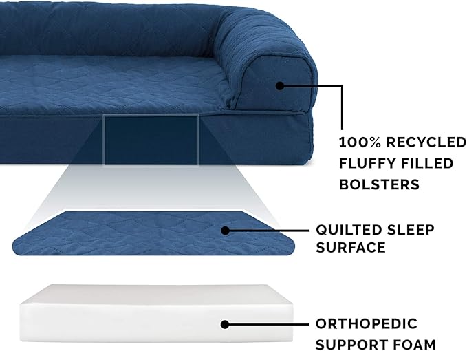 Furhaven Orthopedic Dog Bed for Large Dogs w/ Removable Bolsters &amp; Washable Cover, For Dogs Up to 125 lbs - Quilted Sofa - Navy (Blue), Jumbo Plus/XXL