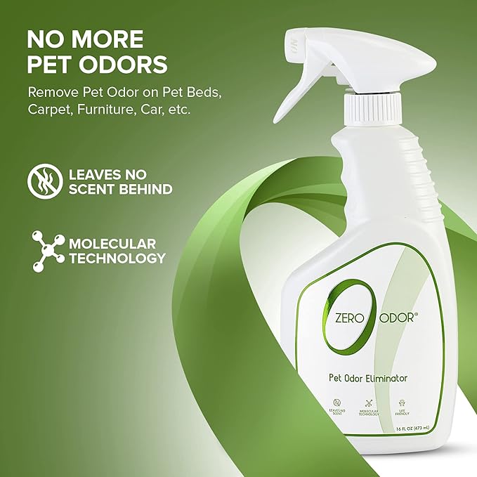 Zero Odor - Pet Odor Eliminator for Strong Odor, Eliminate Air &amp; Surface Odors – Patented Molecular Technology Best For Carpet, Furniture, Beds Smell Great Again (Over 400 Sprays Per Bottle)