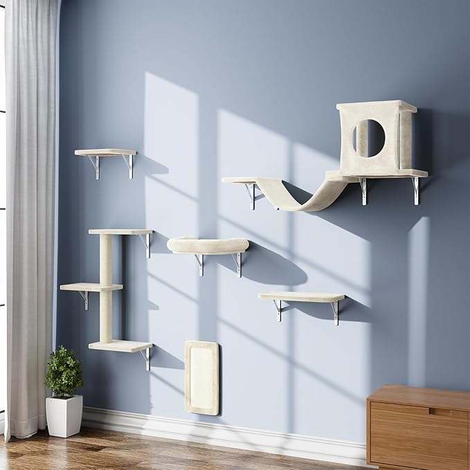 NUNU LAB Wall Mounted Cat Furniture, 6 Pcs Cat Wall Shelves with Condo House, Bridge, Steps, Scratcher, Hammock, Indoor Safe &amp; Stable Furniture for Kittens Play, Beige
