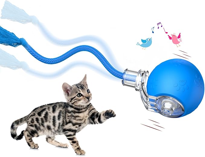 Interactive Cat Toys, Automatic Moving Cat Toys for Bored Indoor Adult Cats, Fast Rolling, Chirping &amp; Motion-Activated Kitty Toys, Fun Gift for Cats with Speedy Tail 2.0, USB Rechargeable, Blue