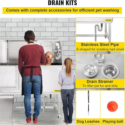 VEVOR Dog Grooming Tub, 62" L Pet Wash Station, 304 Stainless Steel Pet Grooming Tub Rated 661LBS Load Capacity, Non-Skid Dog Washing Station Comes with Ramp, Faucet, Sprayer and Drain Kit