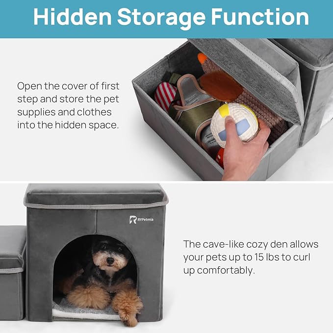 Foldable Pet Stairs for Beds &amp; Sofas - Non-Slip Dog Steps with Storage for Small to Medium Dogs &amp; Cats, Supports up to 120 lbs - Durable 2 &amp; 3-Step Doggie Ladder for Easy Access
