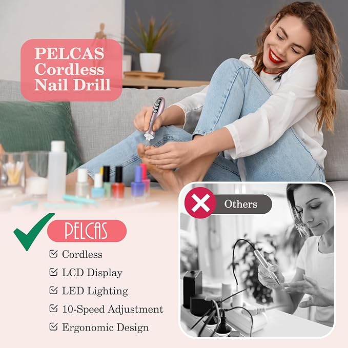 PELCAS Electric Nail File, 10 Speeds Cordless Nail Drill Kit with LED Light, Professional Nail Grinder with LCD Screen Portable e File for Human, Pet, Thick Toenails, Natural &amp; Acrylic Nails Pink