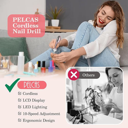 PELCAS Electric Nail File, 10 Speeds Cordless Nail Drill Kit with LED Light, Professional Nail Grinder with LCD Screen Portable e File for Human, Pet, Thick Toenails, Natural &amp; Acrylic Nails Pink