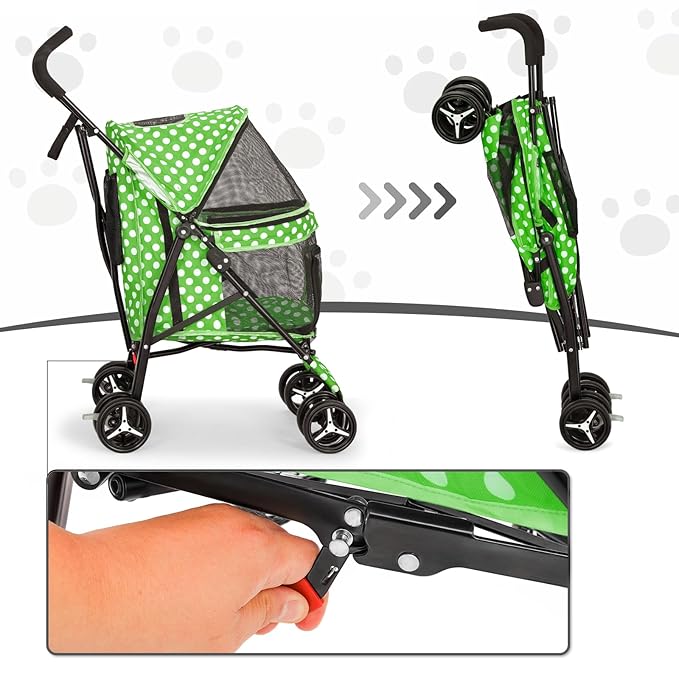 MoNiBloom 4 Wheels Pet Stroller, Easy-Fold Umbrella Shaped Dog Cat Jogger Stroller w/Storage Bag &amp; Visible Mesh for Small/Medium Dogs Cats Lawn Green Polka Dots