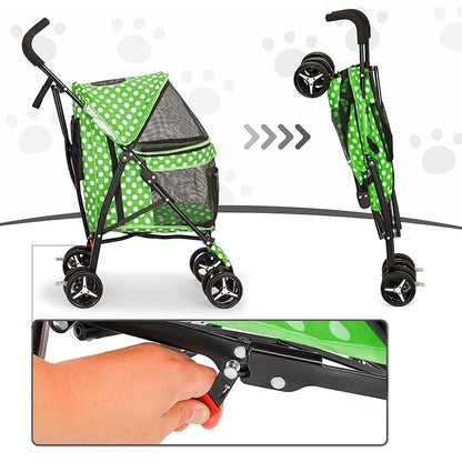MoNiBloom 4 Wheels Pet Stroller, Easy-Fold Umbrella Shaped Dog Cat Jogger Stroller w/Storage Bag &amp; Visible Mesh for Small/Medium Dogs Cats Lawn Green Polka Dots