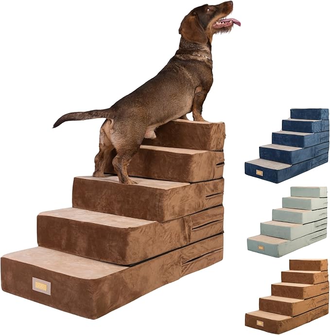 All-in-One Adjustable Dog Stairs – 5-Step Premium Pet Ramp for Small to Large Dogs – Sturdy, Non-Slip &amp; Versatile for Beds, Sofas &amp; More - Soft Cover, Modern Design (Brown)