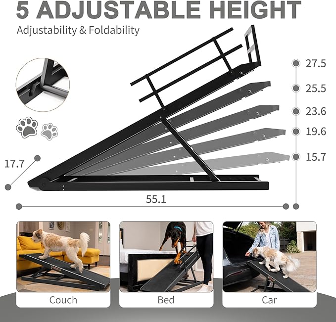 ABORON Dog Ramp,Adjustable Folding Pet Ramp for Bed,Couch,SUV - High Traction Portable Rubber Paw Ramps,Great for Small &amp; Large Old Dogs &amp; Cats, Supports up to 200 lbs,55&