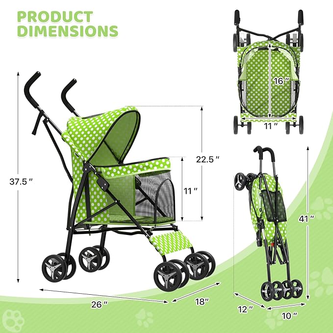 Magshion Compact Pet Stroller for Small-Medium Dogs/Cats up to 22lbs, 4-Wheel Lightweight Umbrella Shaped Portable Puppy Travel Jogger with Breathable Mesh &amp; Rear Storage, Lawn Green Polka Dots