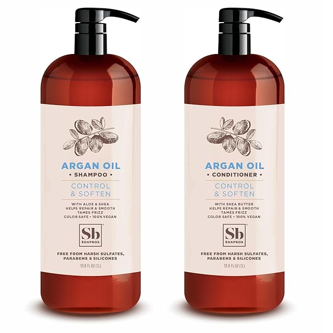 Soapbox Argan Shampoo &amp; Conditioner Set, Volumizing, Vegan, Color Safe, Harsh Sulfate &amp; Silicone Free, 1 Liter Each (Pack of 2)
