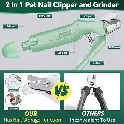 Dog Nail Clippers &amp; Cat Nail Clipper with Catcher, 2 in 1 Dog Nail Trimmers &amp; Grinder with Light for Large Small Dogs Cats,Silent Groom Pro Claw Trimmer, Rechargeable Dogs Nails Grinder Quiet