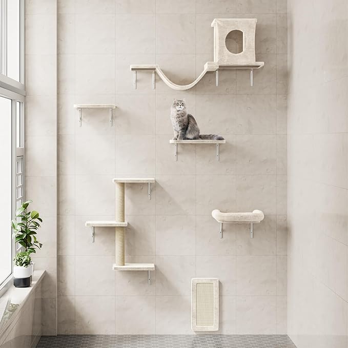 NUNU LAB Wall Mounted Cat Furniture, 6 Pcs Cat Wall Shelves with Condo House, Bridge, Steps, Scratcher, Hammock, Indoor Safe &amp; Stable Furniture for Kittens Play, Beige