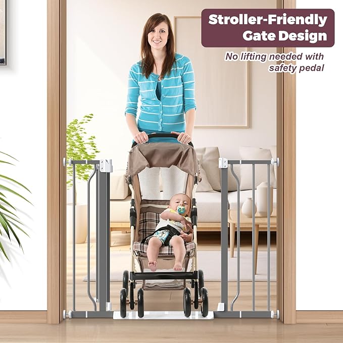 29"-40" Baby Gate for Stairs, Auto Close Stroller Friendly Dog Gate Indoor for Doorways, Pressure Mounted Baby Gate, Easy Walk Through Gate for Children &amp; Pets, Grey