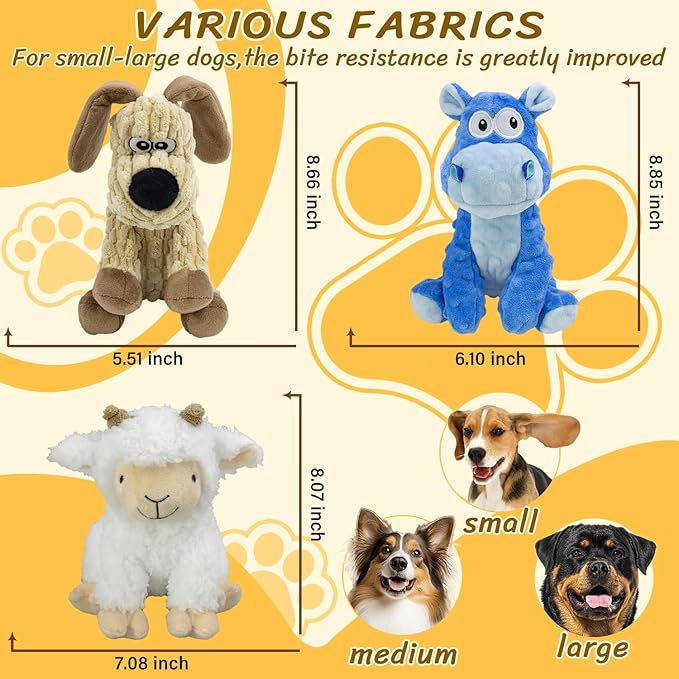 3Pack Squeaky Stuffed Dog Toys- Indoor&amp;Outdoor Playing Toys for Large to Small, Durable Plush Toys to Keep Them Busy- Animal Shape Crinkle Toy