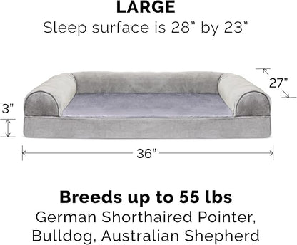 Furhaven Cooling Gel Dog Bed for Large/Medium Dogs w/ Removable Bolsters &amp; Washable Cover, For Dogs Up to 55 lbs - Faux Fur &amp; Velvet Sofa - Smoke Gray, Large