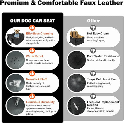Dog Car Seat for Small Dogs, Large Leather Dog Car Bed with Storage Pocket, Waterproof PVC Leather Booster Seat Travel Bed for Front &amp; Back Seat, Clip-On Safety Leash (Black)