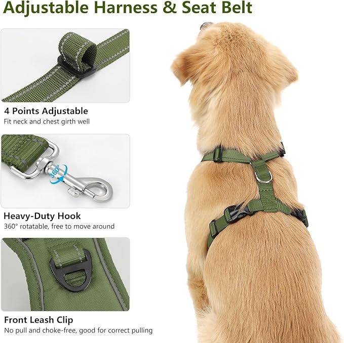 Dog Seat Belt Harness for Car, Dog Car Harness Adjustable Mesh Breathable &amp; Dogs Seatbelt Safety Tether with Elastic Bungee for Small Medium Large Pets(Army Green, XL)