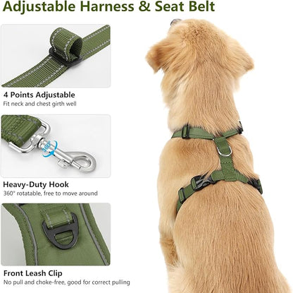 Dog Seat Belt Harness for Car, Dog Car Harness Adjustable Mesh Breathable &amp; Dogs Seatbelt Safety Tether with Elastic Bungee for Small Medium Large Pets(Army Green, XL)