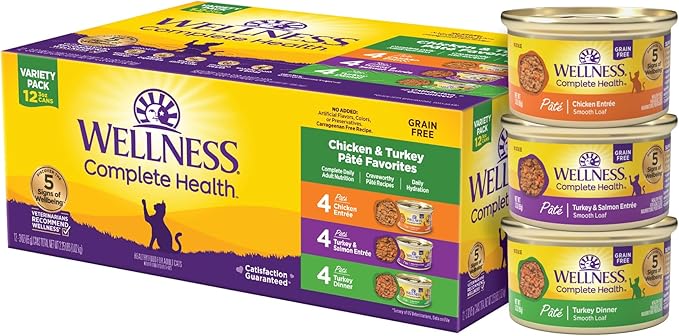 Wellness Complete Health Pate Adult Wet Cat Food, Natural, Protein-Rich, Grain Free, 3 Ounce, 12 Pack, (Chicken &amp; Turkey Favorites Variety Pack)