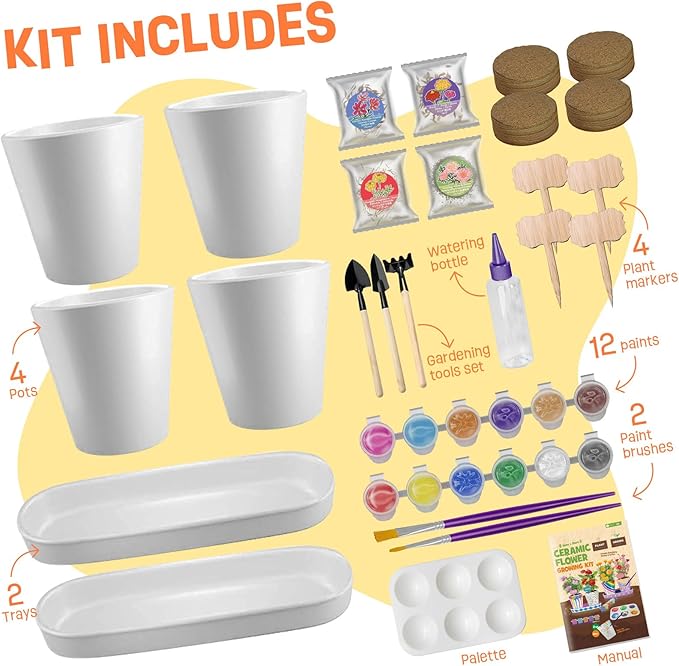 4 Set Paint &amp; Plant Flower Gardening Kit - Gifts for Girls Ages 8-12, Arts and Crafts for Kids Ages 8-12, Kids Gardening Set, Birthday Toys Gifts for Girls Boys Ages 6 7 8 9 10 11 12