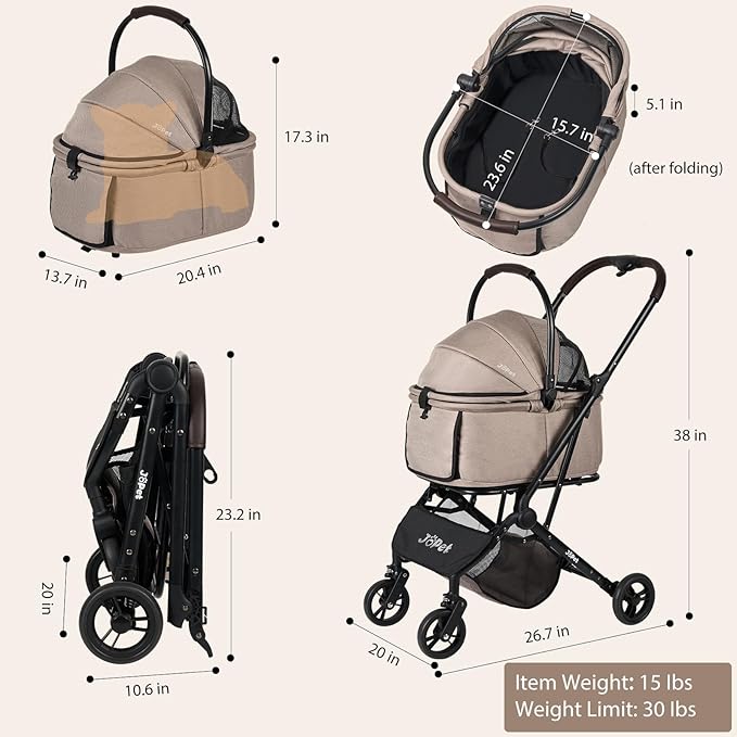 Pet Stroller, Small to Medium Dogs &amp; Cats, Foldable, One-Hand Fold, Detachable Carrier, Latte Color