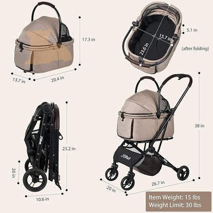Pet Stroller, Small to Medium Dogs &amp; Cats, Foldable, One-Hand Fold, Detachable Carrier, Latte Color