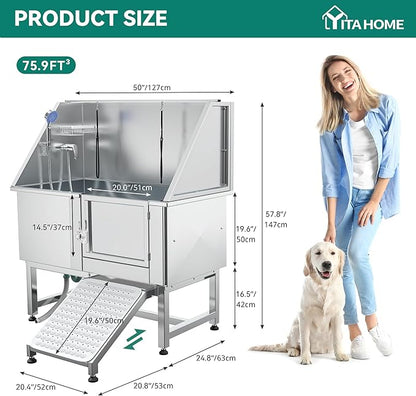 YITAHOME Dog Grooming Bathtub, Professional Stainless Steel 304 Dog Bathing Station w/Right Ramp, Faucet, Floor Grate, 50in Pet Washing Station for Large, Medium, Small Pets