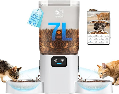 Automatic Cat Feeder with Two HD Camera for 2 Cats: 7L Automatic Dog Feeder with Night Vision &amp; Slow Feed, 5G WiFi Auto Cat Food Dispenser for Multiple Pet, Detachable for Cleaning - 29 Cup