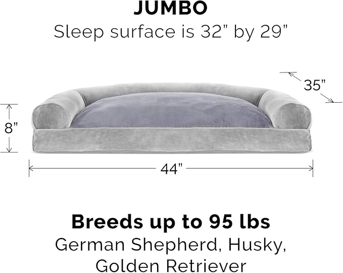 Furhaven Pillow Dog Bed for Large Dogs w/ Removable Bolsters &amp; Washable Cover - Faux Fur &amp; Velvet Sofa - Smoke Gray, Jumbo/XL