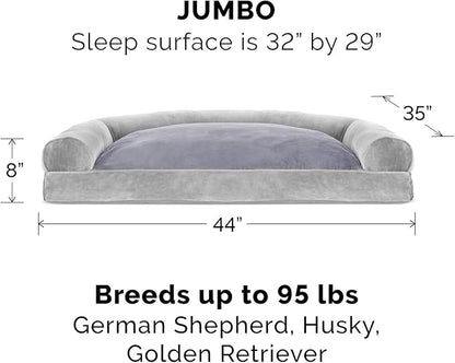 Furhaven Pillow Dog Bed for Large Dogs w/ Removable Bolsters &amp; Washable Cover - Faux Fur &amp; Velvet Sofa - Smoke Gray, Jumbo/XL