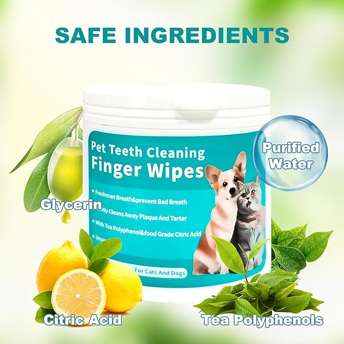 Pet Dental Finger Wipes for Cats &amp; Dogs - 50 Count | Plaque Remover, Tartar Control &amp; Breath Freshener | Soft Gauze Teeth Cleaning Pads for Pets
