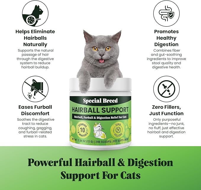 Hairball Support for Cats - 10 Super Ingredients for Hairball Relief, Digestive Support &amp; Healthy Skin - No Fillers - Psyllium, Pumpkin, Omega-3s &amp; More - 240 Scoops