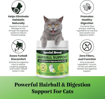 Hairball Support for Cats - 10 Super Ingredients for Hairball Relief, Digestive Support &amp; Healthy Skin - No Fillers - Psyllium, Pumpkin, Omega-3s &amp; More - 240 Scoops