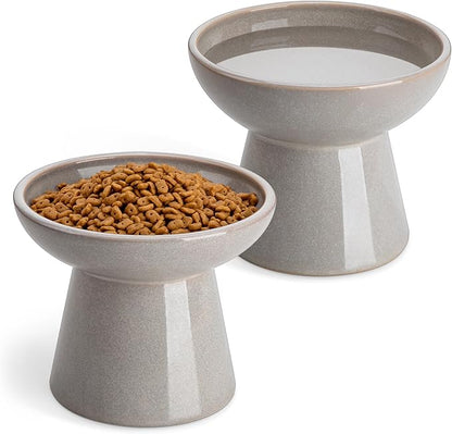 vancasso Ceramic Elevated Cat Bowls 2-Pack - 6.2" Extra Wide Raised Cat Food &amp; Water Dishes, 5.1" Optimal Height Anti-Whisker Fatigue Shallow Bowls for Cats/Kittens/Dogs, Lead &amp; Cadmium Free (Grey)