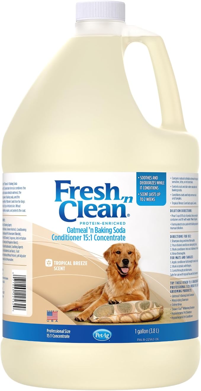 Pet-Ag Fresh ’n Clean Oatmeal ’n Baking Soda Conditioner, Tropical Breeze Scent (15:1 Concentrate) - 1 Gallon - Gently Cleans, Soothes &amp; Deodorizes Dogs with Vitamin E &amp; Aloe Vera - Soap Free
