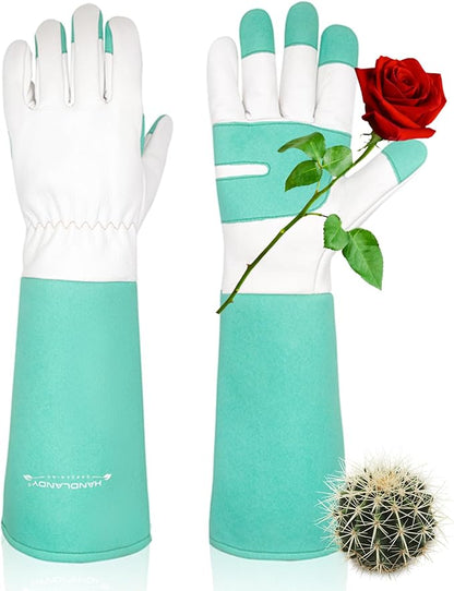 HANDLANDY Long Gardening Gloves for Men &amp; Women, Thorn Proof Rose Pruning Gloves Leather Gauntlets Garden Glove Yard Work Glove (Large, Green)