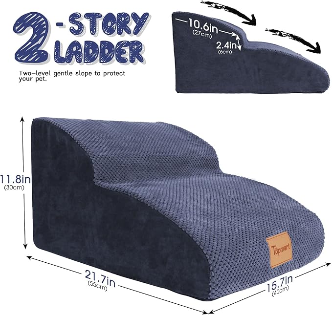 Topmart High Density Extended Foam Dog Ramp&amp;Steps 2 Tiers,11.8" High,Non-Slip Dog Stairs,Soft Foam Pet Ladder with Waterproof Cover,Best for Injured,Older Cats,Pets with Joint Pain