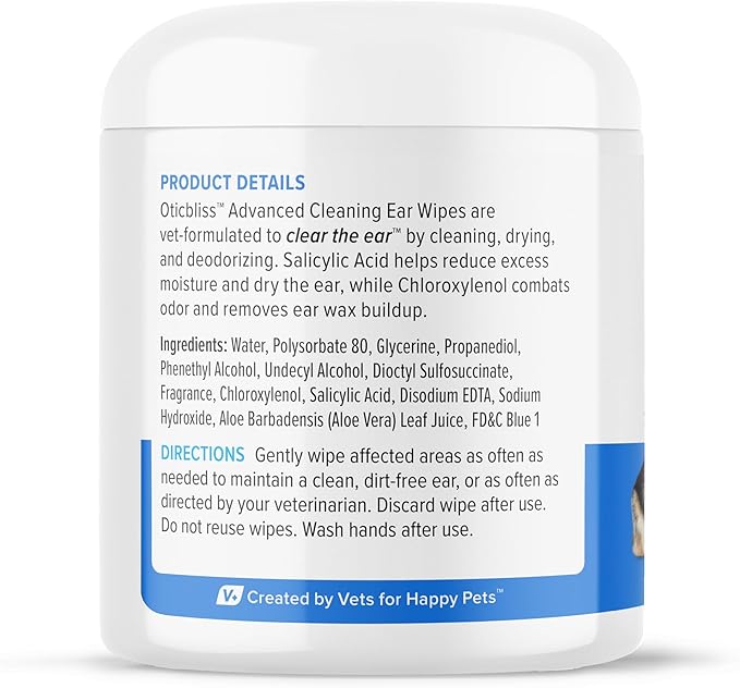 VETNIQUE Oticbliss Advanced Cleaning Ear Wipes for Dogs &amp; Cats for Odor Control, Dirt and Wax Removal with Soothing Aloe Vera, Drying Agent and Vitamin E, Clear the Ear 100ct Wipes