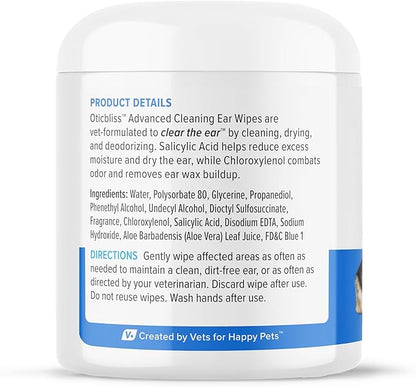 VETNIQUE Oticbliss Advanced Cleaning Ear Wipes for Dogs &amp; Cats for Odor Control, Dirt and Wax Removal with Soothing Aloe Vera, Drying Agent and Vitamin E, Clear the Ear 100ct Wipes