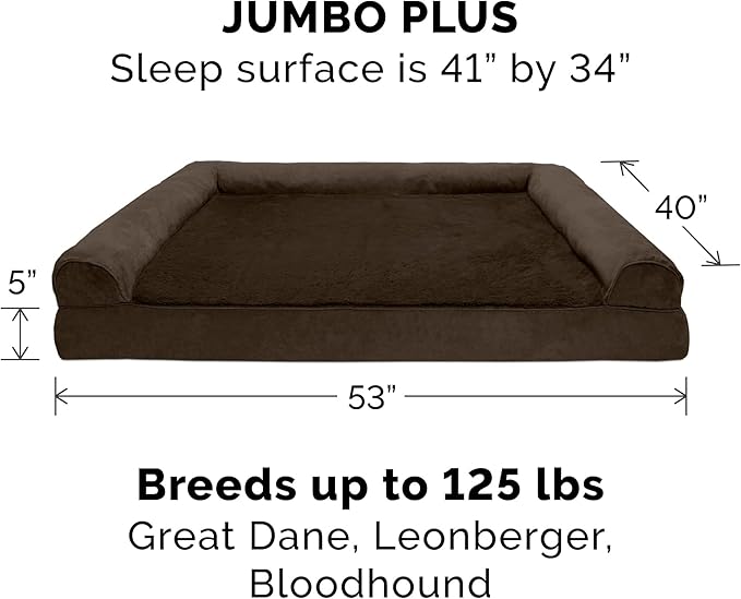 Furhaven Orthopedic Dog Bed for Large Dogs w/ Removable Bolsters &amp; Washable Cover, For Dogs Up to 125 lbs - Plush &amp; Suede Sofa - Espresso, Jumbo Plus/XXL