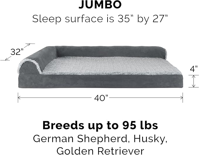 Furhaven Cooling Gel Dog Bed for Large Dogs w/ Removable Bolsters &amp; Washable Cover, For Dogs Up to 95 lbs - Two-Tone Plush Faux Fur &amp; Suede L Shaped Chaise - Stone Gray, Jumbo/XL