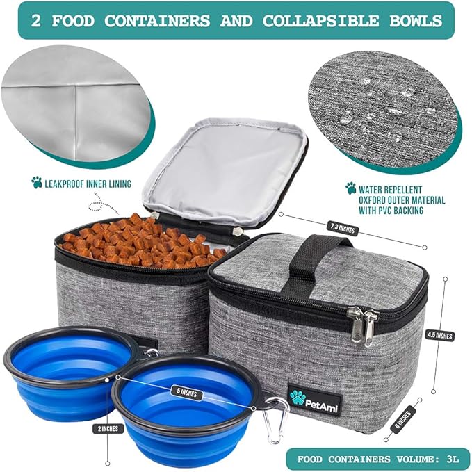 PetAmi Dog Travel Bag - Organizer with Food Container, Bowls &amp; Accessories for Weekend Camping, Cat Diaper Bag (Grey, Medium)