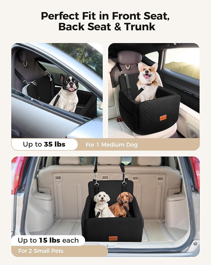 Dog Car Seat for Small &amp; Medium Dogs Under 35lbs, Detachable &amp; Washable Pet Car Seat, Interior Height 6 Inches Pet Travel Bed with Storage Pockets and 2 Dog Safety Belts (Black)