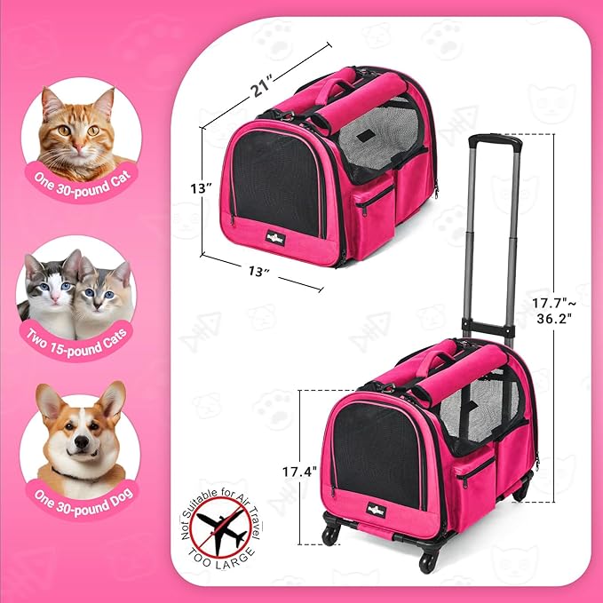 Large Pet Carrier with Wheels, Foldable Rolling Dog Carrier with Big Pocket, Cat Rolling Bag 21"x13"x13"for 2 Cats &amp;Dogs, Use for Travel, Outdoor, Vet Visits, Camping, Indoor. Pink
