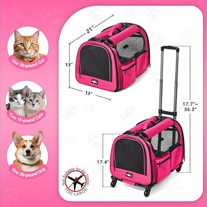 Large Pet Carrier with Wheels, Foldable Rolling Dog Carrier with Big Pocket, Cat Rolling Bag 21"x13"x13"for 2 Cats &amp;Dogs, Use for Travel, Outdoor, Vet Visits, Camping, Indoor. Pink