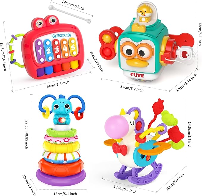 4 in 1 Baby Toy for 6 9 12 18 Month, Learning Toys for Babies 6-12 Months, Baby Busy Cube, Stacking Sorter, Pull String &amp; Piano Xylophone Travel Toy, Birthday Gift for 1 2 Year Old